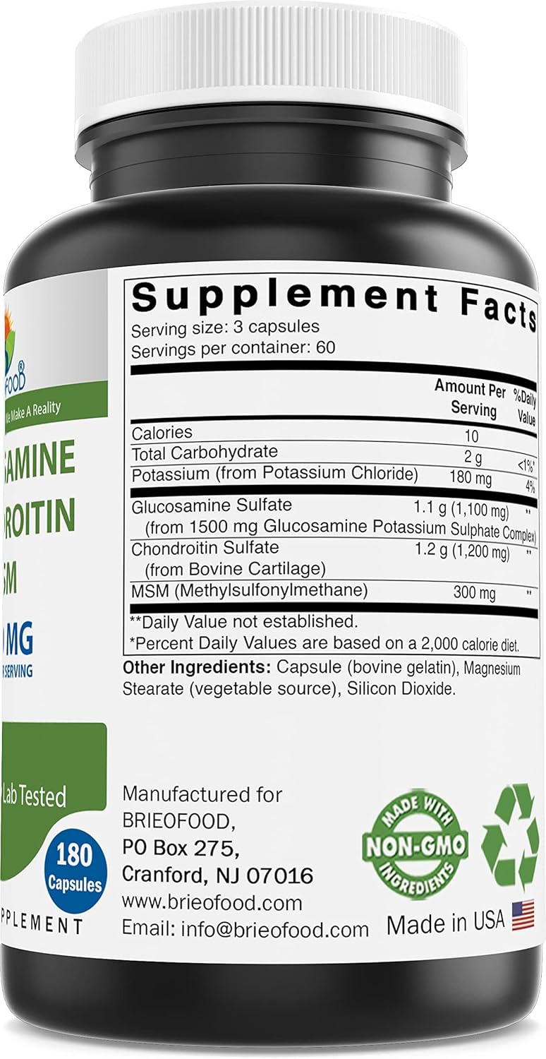 Brieofood Triple Strength Glucosamine Chondroitin Msm 2600Mg/Serving Capsules, Supports Healthy Joint, Cartilage And Connective Tissue - Promotes Joint Comfort & Flexibility 180 Count : Health & Household