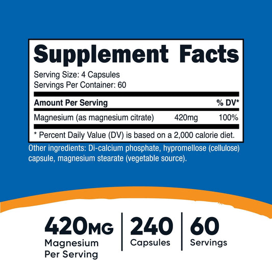 Nutricost Magnesium Citrate 420Mg, 240 Veggie Capsules - 60 Servings, Gluten Free, Non-Gmo, Vegetarian Friendly