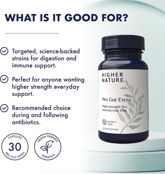 Higher Nature - Pro Gut Extra - High Strength Probiotic With Prebiotic - Multi-Strain Probiotic For Digestive System - Live Bacteria With Fos - 20 Billion Cfus - 6 Proven Strains - Vegan - 30 Capsules
