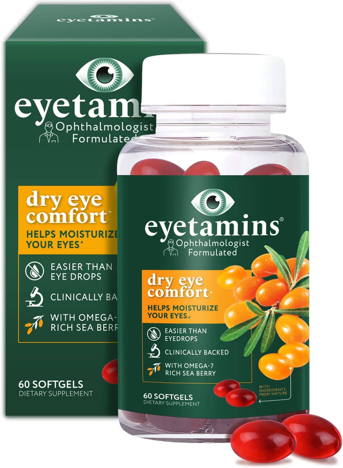 Dry Eye Comfort - 60 Softgels - Ophthalmologist - Formulated, Natural - Himalayan Sea Buckthorn Oil - Vegan and Non-GMO Formula