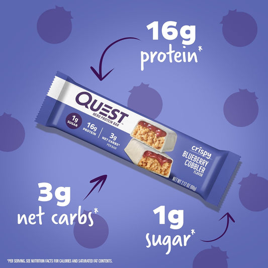 Quest Nutrition Crispy Blueberry Cobbler Hero Protein Bar, 16G Protein, 1G Sugar, 3G Net Carb, Gluten Free Protein Snack, Keto Friendly, 12 Count