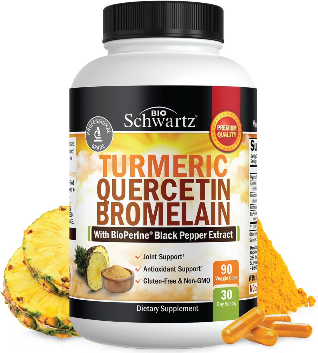 Turmeric Supplement with Quercetin Bromelain (90 Capsules) Natural Immune and Joint Support with BioPerine Black Pepper for Max Absorption - Organic Tumeric Curcumin (Vegan Safe, Non-GMO) 30 Servings