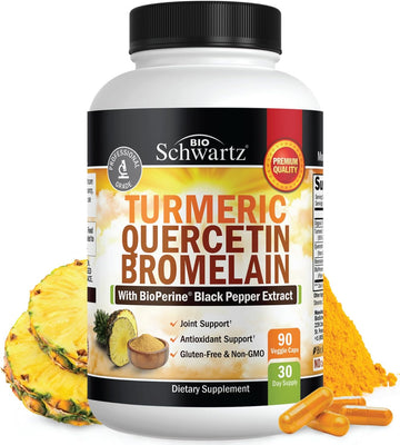 Turmeric Supplement with Quercetin Bromelain (90 Capsules) Natural Immune and Joint Support with BioPerine Black Pepper for Max Absorption - Organic Tumeric Curcumin (Vegan Safe, Non-GMO) 30 Servings