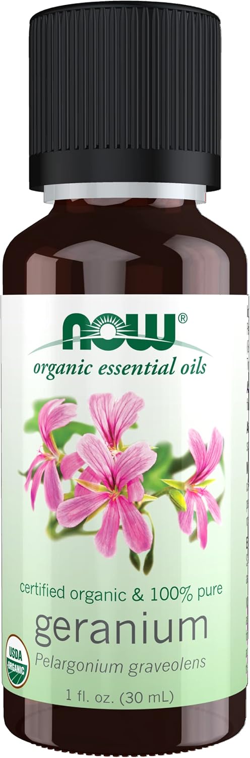 Now Essential Oils, Geranium Oil, Certified Organic, Soothing Aromatherapy Scent, Steam Distilled, 100% Pure, Child Resistant Cap, 1-Ounce