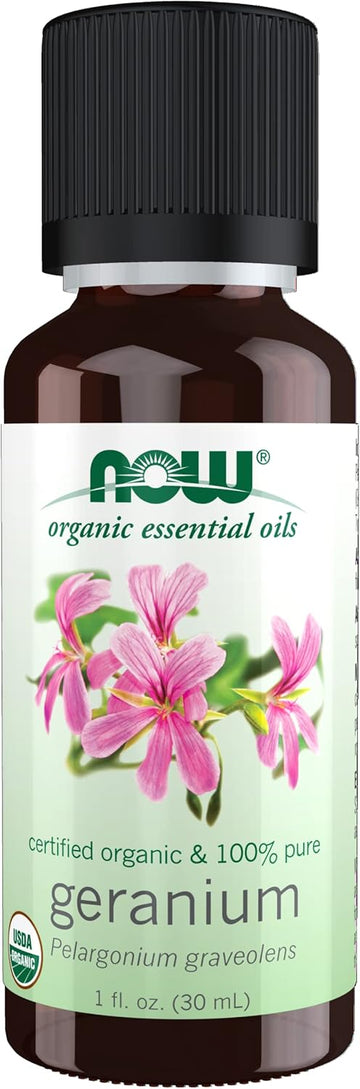 Now Essential Oils, Geranium Oil, Certified Organic, Soothing Aromatherapy Scent, Steam Distilled, 100% Pure, Child Resistant Cap, 1-Ounce