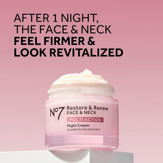 No7 Restore & Renew Multi Action Face & Neck Cream - Nighttime Collagen Peptide Facial Moisturizer - Anti Aging Face Cream Enriched With Hyaluronic Acid, Shea Butter + Vitamin E To Firm Skin (50Ml)