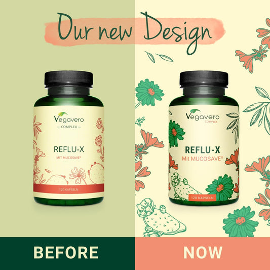 Vegavero Reflu-X Complex | Natural Antacid | Stomach Reflux And Gastritis | With Mucosave®, Olive Leaf Extract, Sodium Alginate, Chamomile | No Additives | 120 Capsules | Vegan