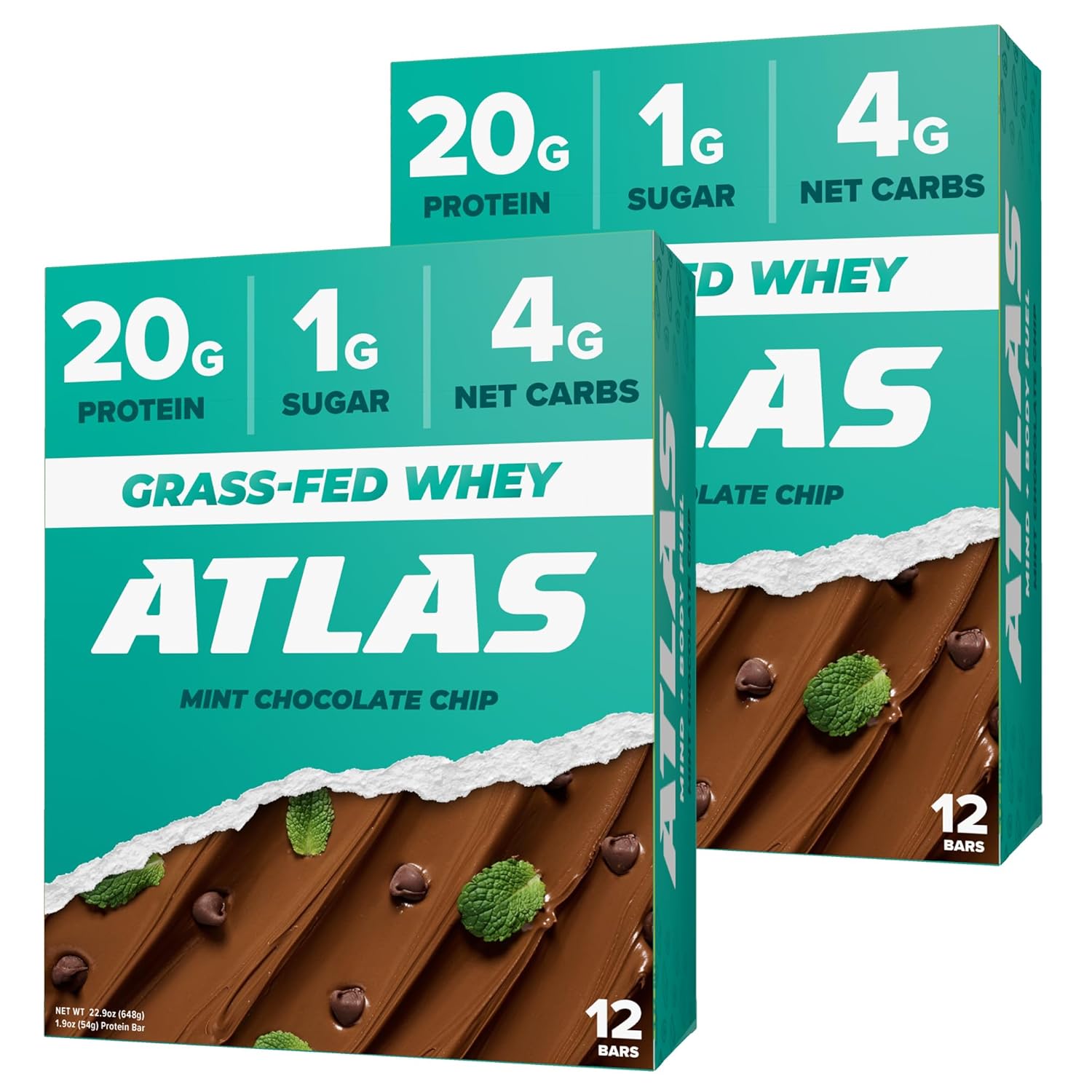 Atlas Protein Bar, 20G Protein, 1G Sugar, Clean Ingredients, Gluten Free (Mint Chocolate Chip, 12 Count (Pack Of 2))