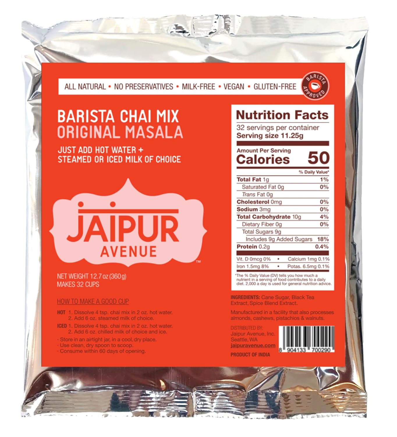 Jaipur Avenue Barista Chai Mix - Original Masala (Without Milk), 12.7 Oz, Makes 32 Cups, Vegan, Gluten-Free, Dairy-Free, Preservative-Free