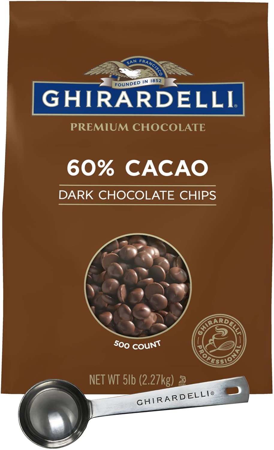 Ghirardelli 60% Cacao Chocolate Chip, 5lb Bag with Ghirardelli Stamped Barista Spoon