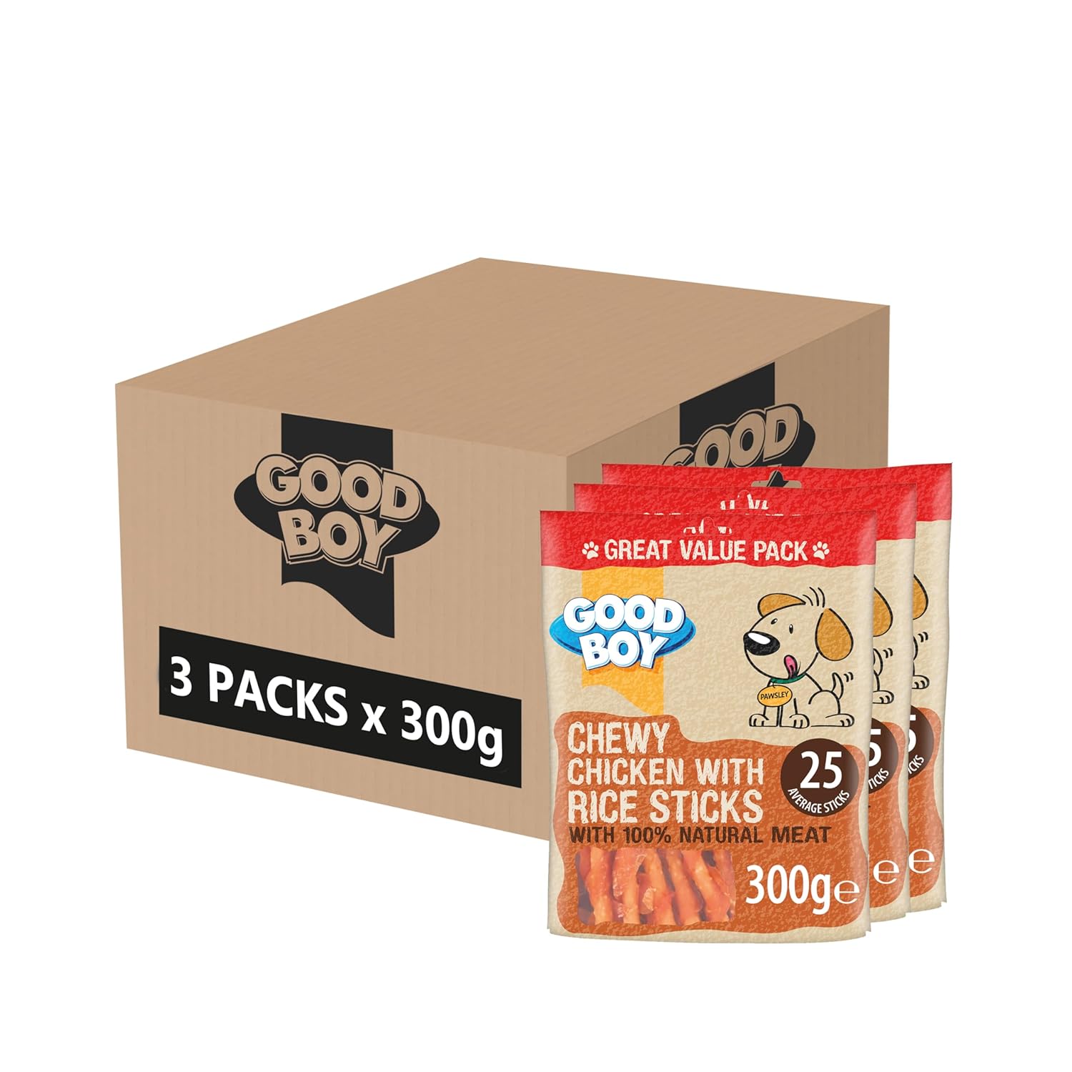 Good Boy Chicken & Rice Sticks - Low Fat Natural Dog Treats - Rawhide Free Recipe - Bulk Box - 3 X 300G