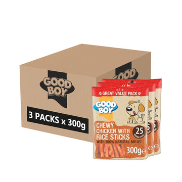 Good Boy Chicken & Rice Sticks - Low Fat Natural Dog Treats - Rawhide Free Recipe - Bulk Box - 3 X 300G