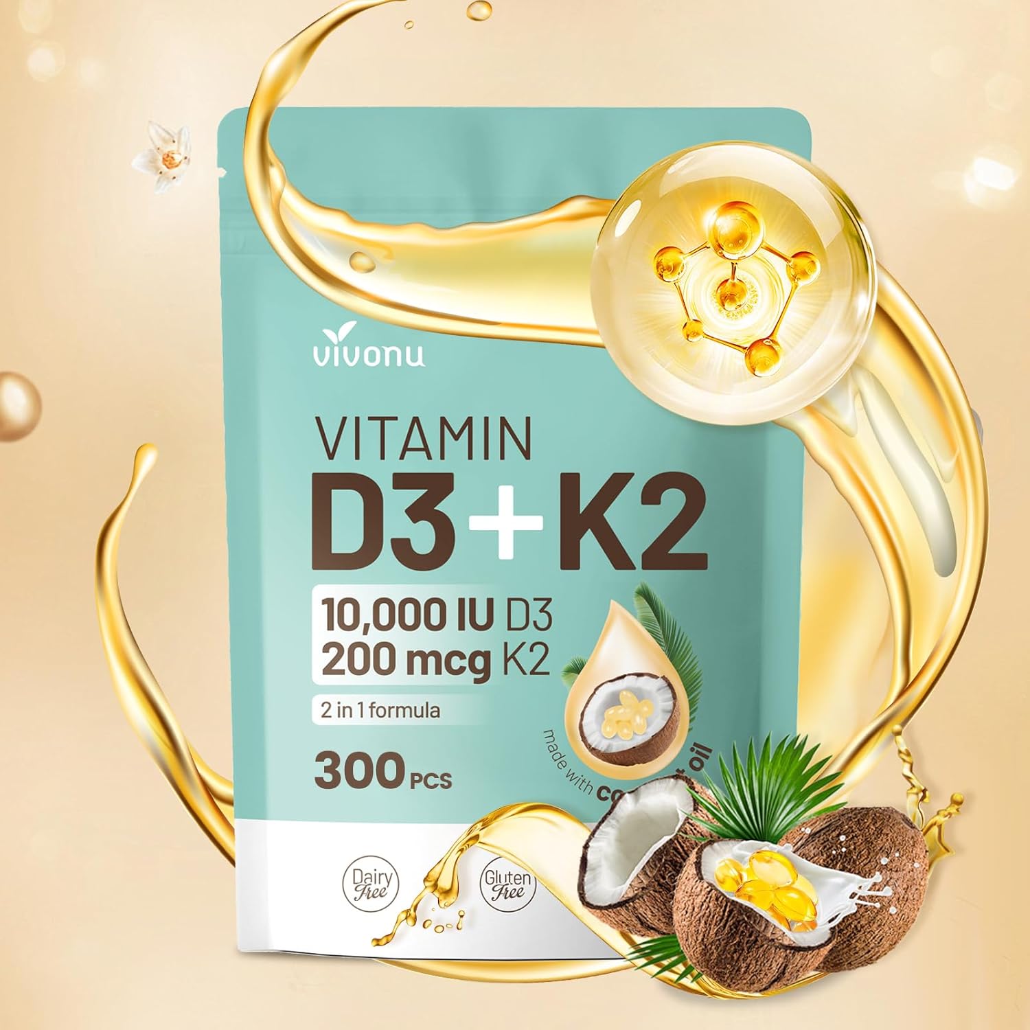 Vitamin D3 10000 Iu Plus K2 (Mk-7) 200 Mcg, 300 Coconut Oil Softgels| 2 In 1 Vit D & K Complex | Supports Calcium Absorption, Bone, Immune, & Heart Health – Easy To Swallow (300 Softgels /1 Bag)