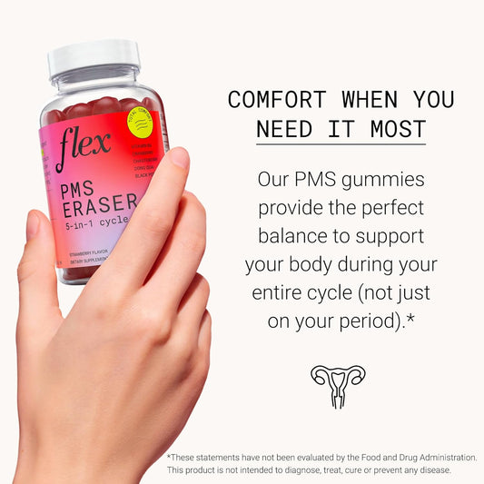 Flex Pms Eraser - Relief Targets Cramping, Bloating, Mood, Fatigue, Helps Pms Symptoms, Vegan, Vitamin B6, Chasteberry, Dong Quai, Cranberry, 60 Gummies (Pms Eraser)