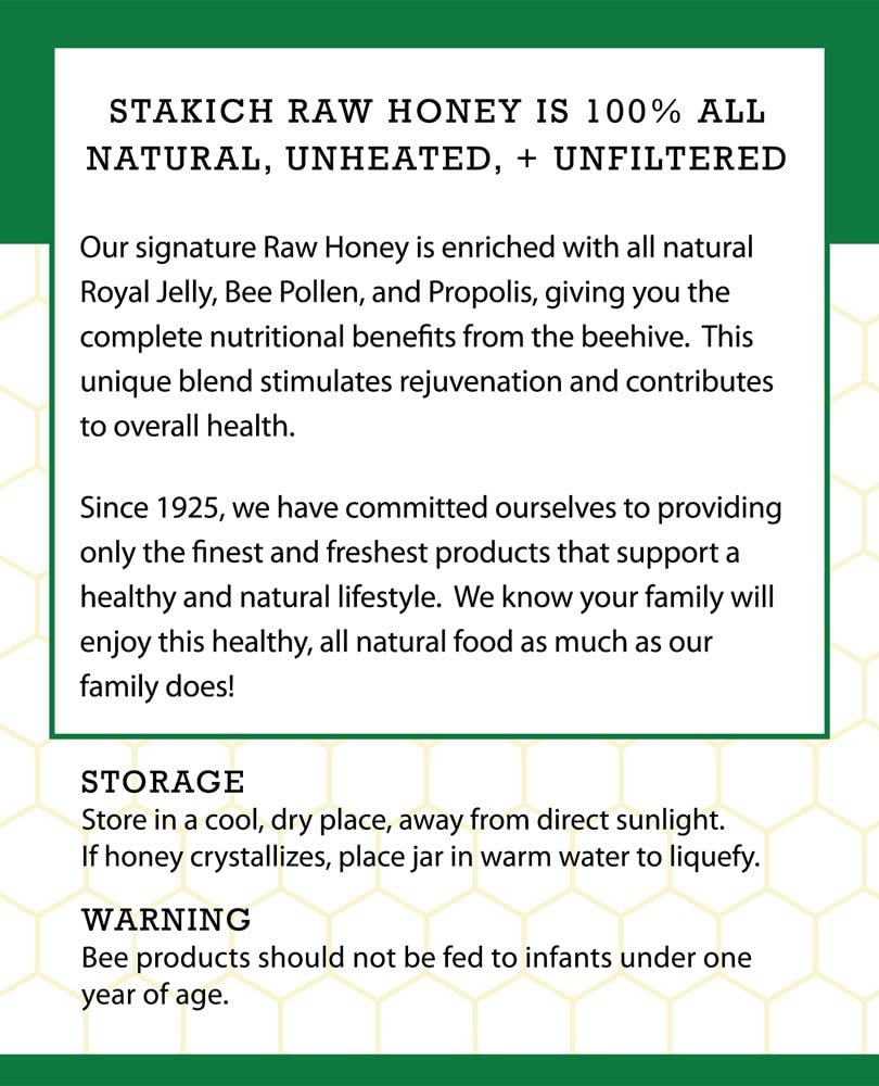 Stakich Royal Jelly, Bee Pollen, Propolis Raw Honey - Pure, Unprocessed, Unheated - 40 Ounce : Royal Jelly With Raw Honey : Health & Household