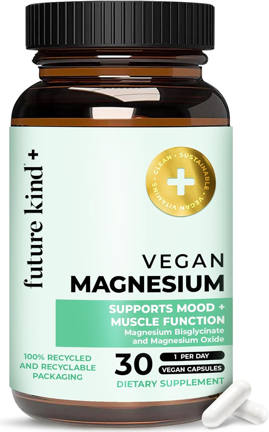 Future Kind Vegan Chelated Magnesium Supplement - (30 ct) Most Bioavailable & 6x More Potent Magnesium Capsules - Plant-Derived Magnesium for Sleep, Magnesium Pills for Rest, Energy & Muscle Functions