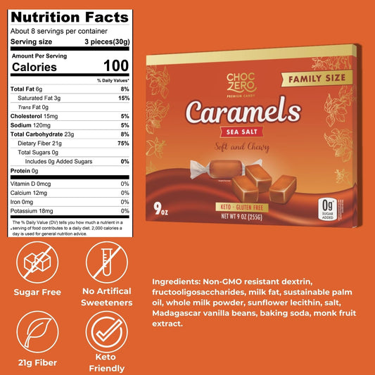 Choczero Sugar Free Caramels - Keto Caramel Candy - All Natural, Classic Candies - Low Carb Snack (9Oz Box)