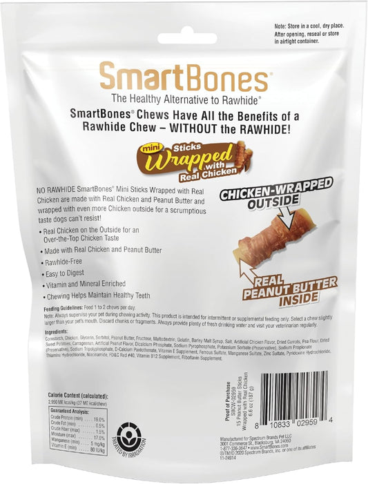Smartbones Mini Chicken-Wrapped Sticks, Treat Your Dog To A Rawhide-Free Chew Made With Real Peanut Butter, 15 Count