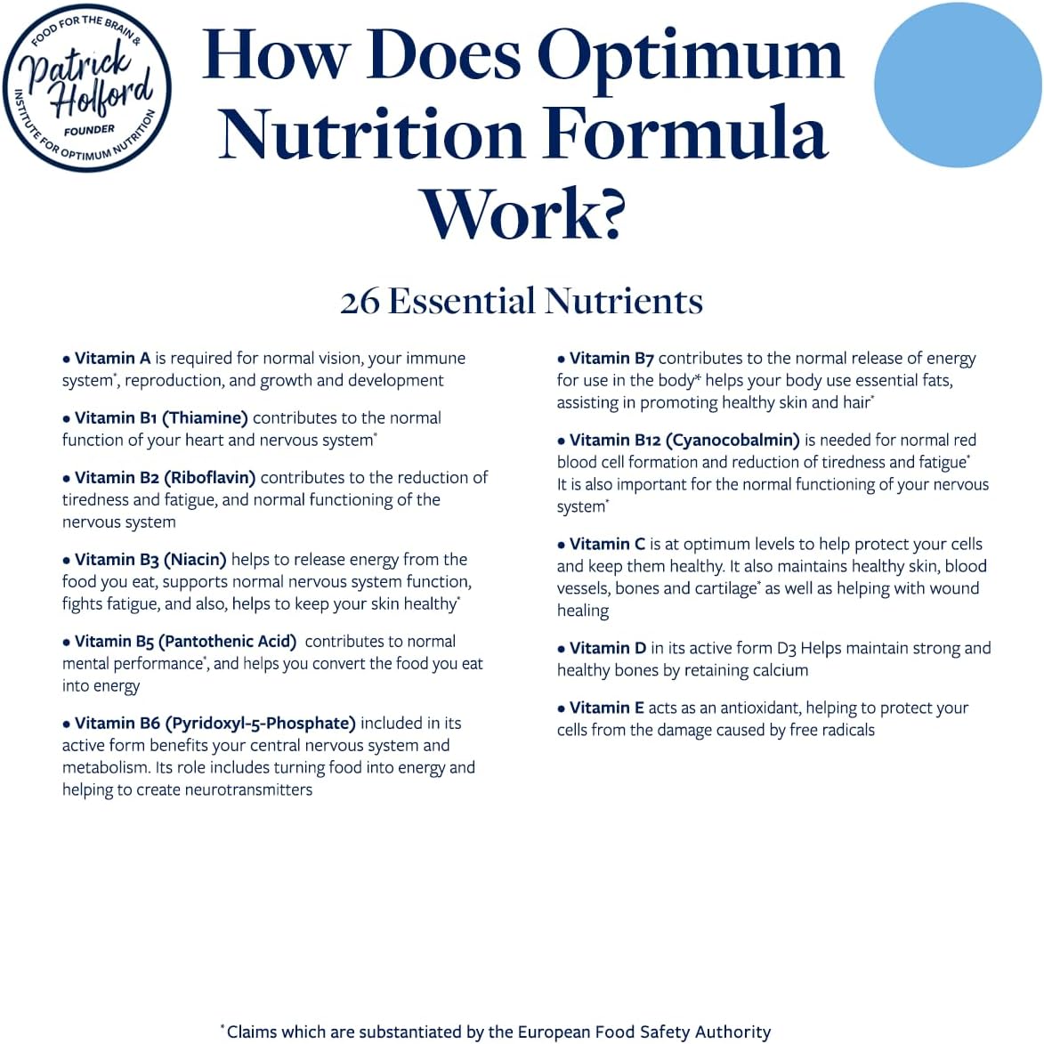 Patrick HOLFORD Optimum Nutrition Formula/The Ultimate, Multi-Vitamin & Mineral Supplement/for Daily & Long-Term Health / 24 Nutrients/Naturally Sourced / 120 Tablets/Vegan/for Women & Men : Amazon.co.uk: Health & Personal Care