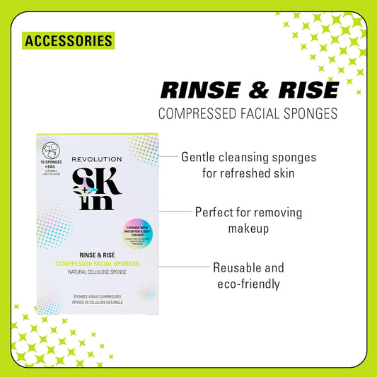 Revolution Skin, Rinse & Rise Compressed Cellulose Facial Sponges, Face Cleansing Pads, Removes Makeup, Reuseable, Pack Of 10