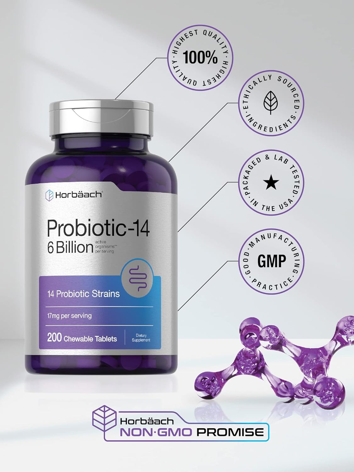 Horbäach Chewable Probiotics 6 Billion CFUs | 200 Tablets | 14 Probiotic Strains | Vegetarian, Non-GMO & Gluten Free Supplement
