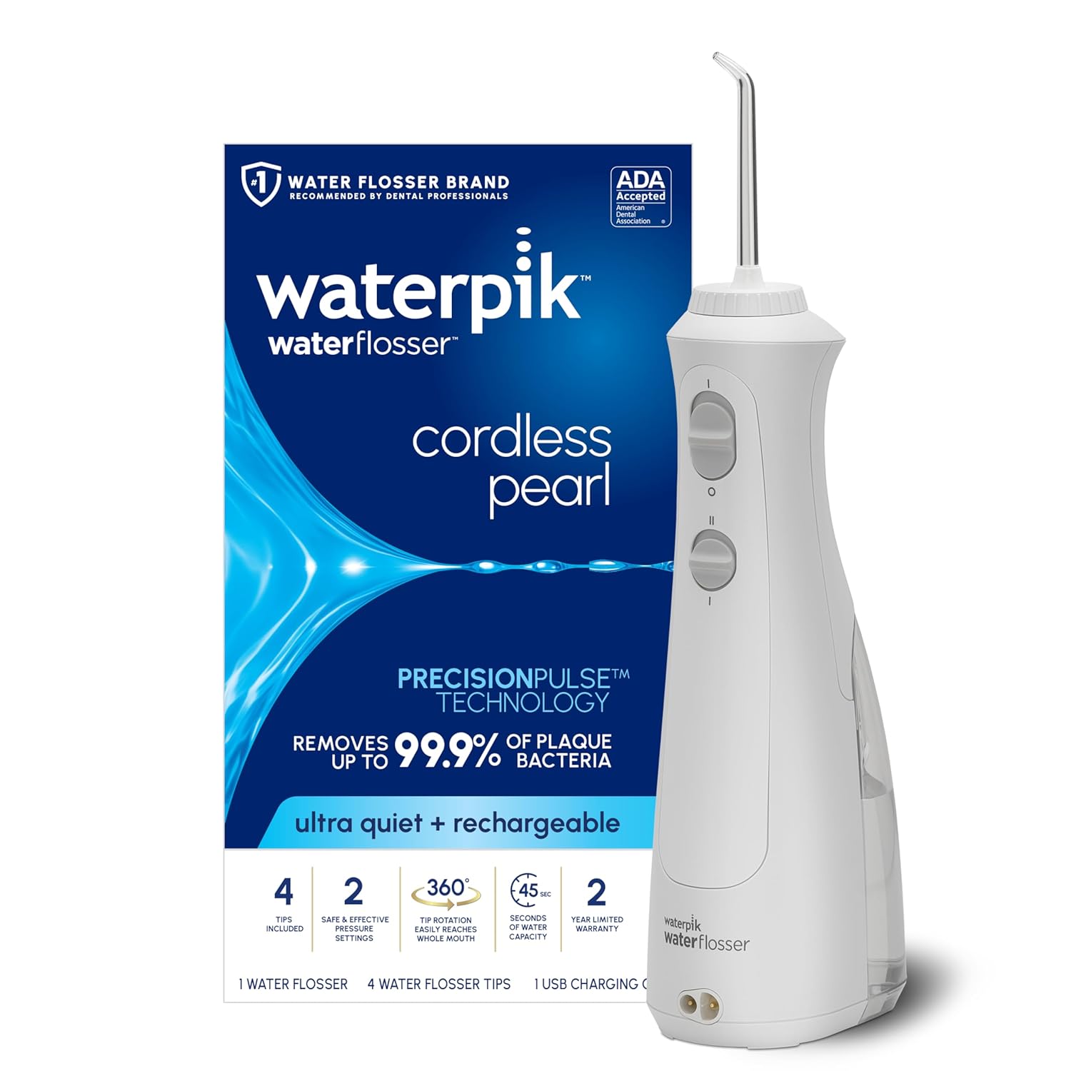 Waterpik Cordless Pearl Rechargeable Portable Water Flosser For Teeth, Gums, Braces Care And Travel With 4 Flossing Tips - Ada Accepted, Wf-13 White, Packaging May Vary