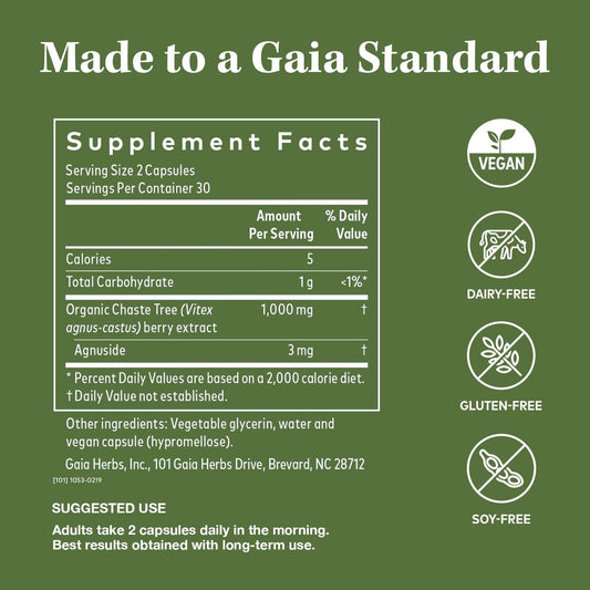 Gaia Herbs Vitex Berry (Chaste Tree) - Supports Hormone Balance & Fertility for Women - Helps Maintain Healthy Progesterone Levels to Support Menstrual Cycle Health - 60 Vegan Caps (30-Day Supply)