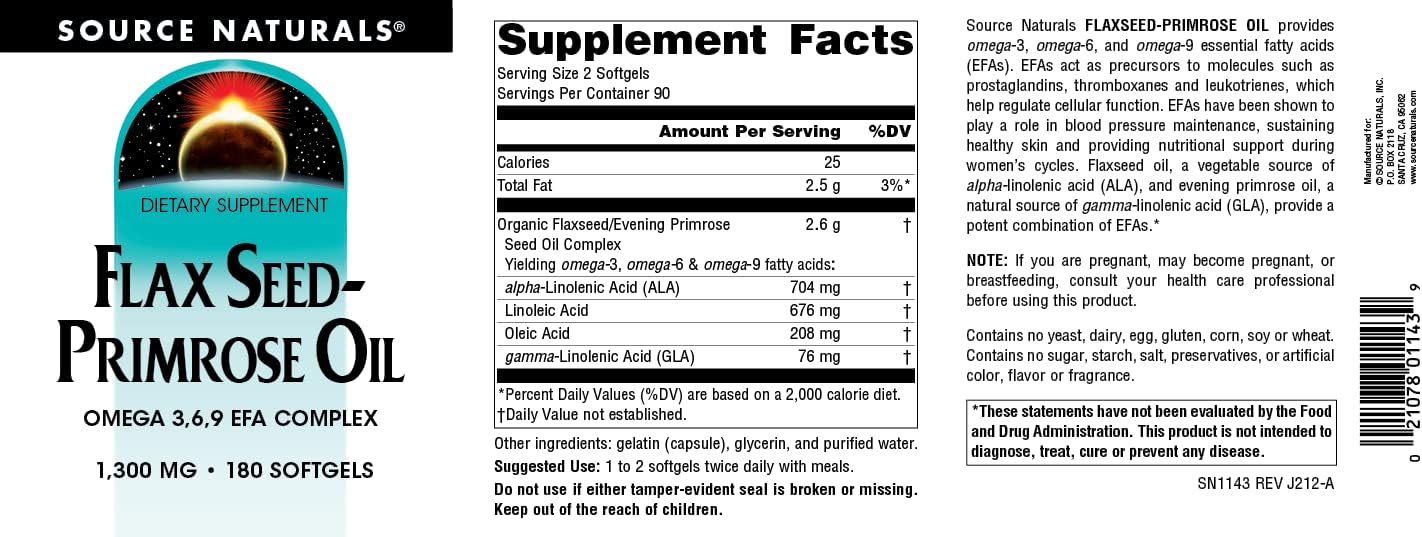 Source Naturals Flax Seed-Primrose Oil, Omega 3,6,9 EFA Complex, 1300m