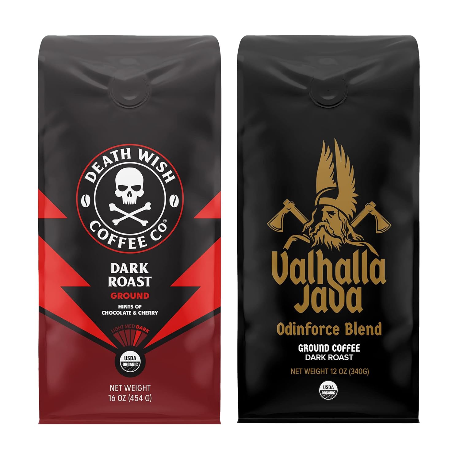 Death Wish Coffee, Dark Roast Grounds 16 Oz & Valhalla Java Ground 12 Oz - Extra Kick Of Caffeine In 1 Powerful Bundle - Hardcore Coffee From Arabica & Robusta Beans For Tough Days