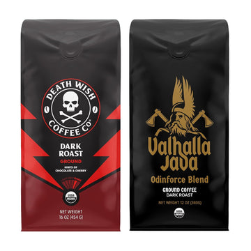 Death Wish Coffee, Dark Roast Grounds 16 Oz & Valhalla Java Ground 12 Oz - Extra Kick Of Caffeine In 1 Powerful Bundle - Hardcore Coffee From Arabica & Robusta Beans For Tough Days