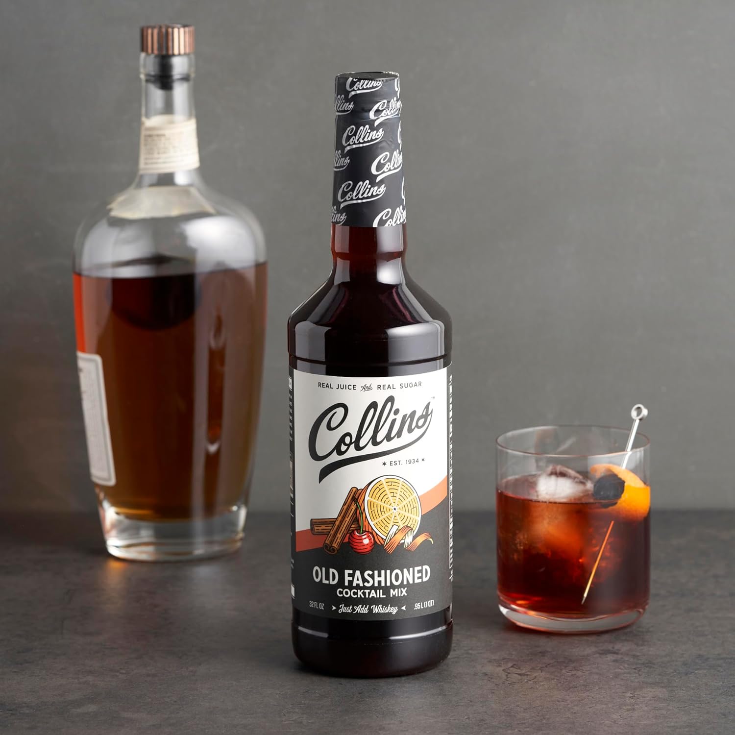 Collins Old Fashioned Mix | Made With Real Brown and Sugar Cherry Juice With Natural Flavors | Classic Cocktail Recipe Ingredient, Home Bar accessories Cocktail Mixers, 32 fl oz : Home & Kitchen