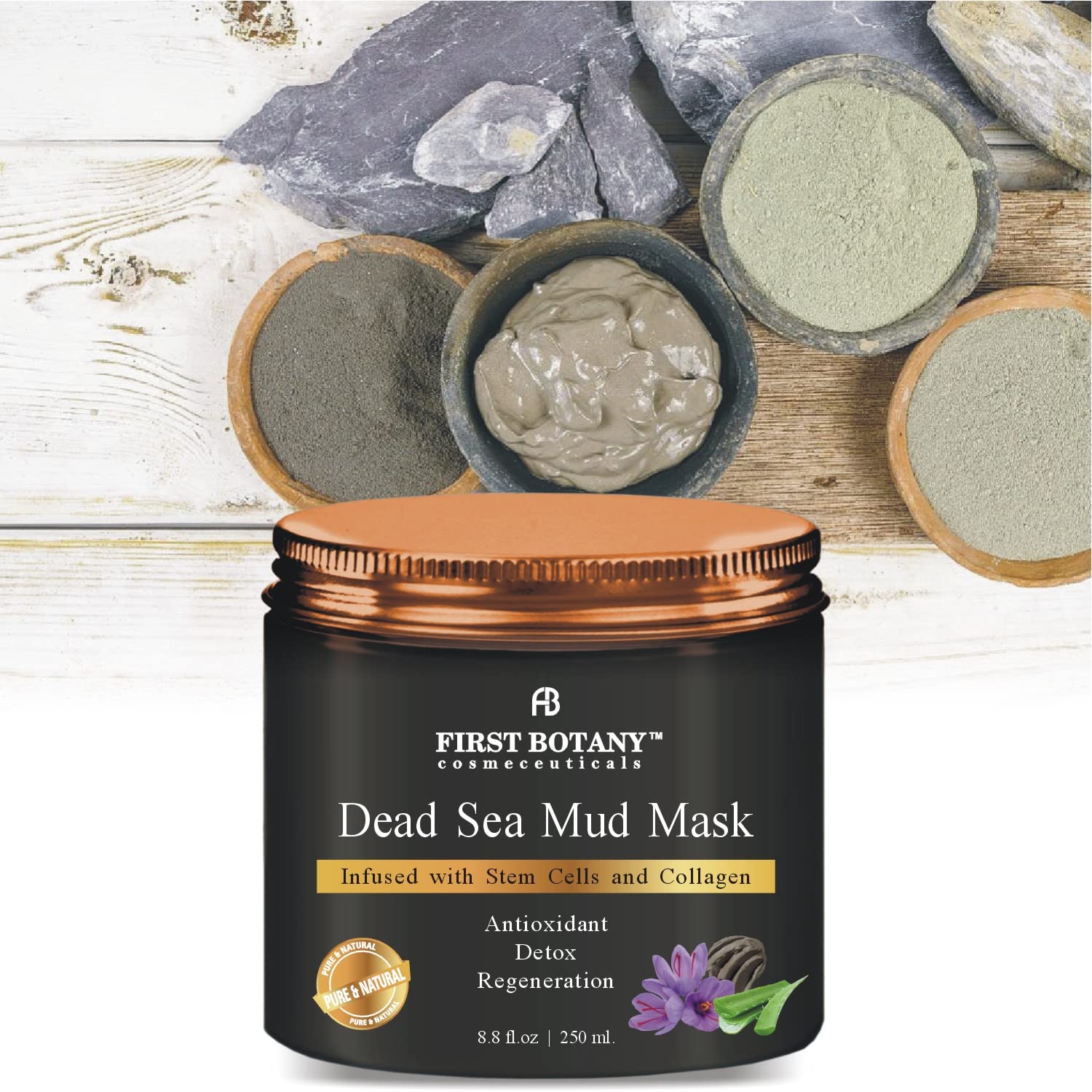 First Botany, 100% Natural Mineral-Infused Dead Sea Mud Mask 8.8oz Stem Cells Facial Treatment Skin Cleanser Pore Reducer Anti Aging Acne Treatment Blackhead Remover Cellulite & Natural Moisturizer : Beauty & Personal Care