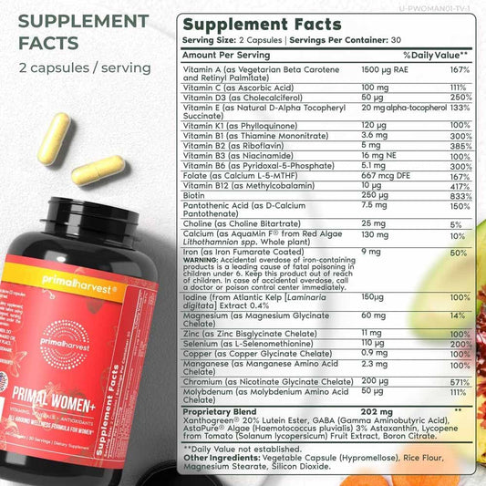 Primal Harvest Multivitamin For Women Vitamin A, Vitamin C, Vitamin D And E, Vitamin B12, B6, Biotin, Zinc Supplements, 30 Capsules (Womens 2 Pack)