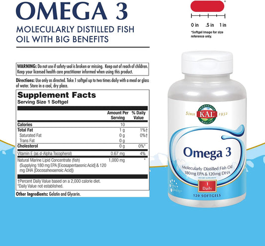 Kal Omega 3 | Omega-3 Fish Oil For Healthy Heart, Joint & Brain Support | 180Mg Epa, 120Mg Dha (120 Ct, 120 Serv)