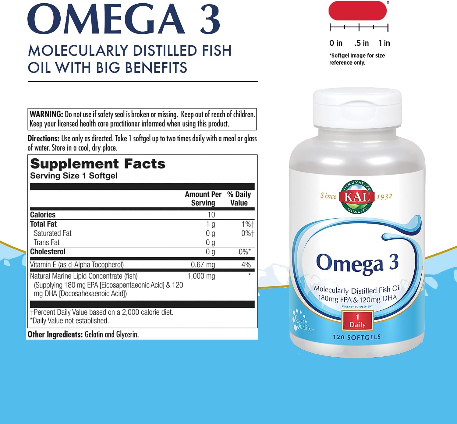 KAL Omega 3 | Omega-3 Fish Oil for Healthy Heart, Joint & Brain Support | 180mg EPA, 120mg DHA (120 CT, 120 Serv)