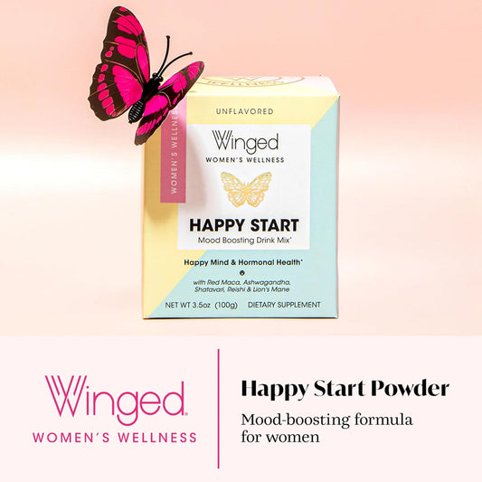 Winged Wellness Happy Start, Mood Boosting Drink Mix Powder For Women - Happy Mind & Hormonal Health, Mood Support Supplement With Red Maca, Ashwagandha, Mushrooms & More - Chocolate, 30 Servings