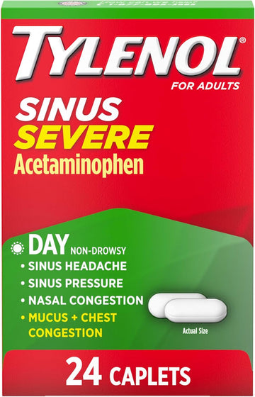 Tylenol Sinus Severe Daytime Cold & Flu Relief Medicine Caplets, Non-Drowsy Pain Reliever, Fever Reducer Expectorant & Decongestant, Acetaminophen, Guaifenesin & Phenylephrine Hcl, 24 Ct