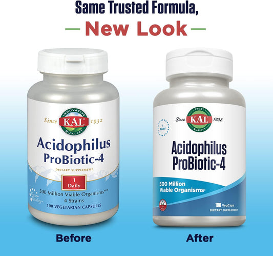 Kal Acidophilus Probiotic-4, 500 Million Cfus, Four Probiotic Strains, Probiotics For Women And Men, Freeze Dried, L. Acidophilus, L. Bulgaricus, S. Thermophilus, B. Bifidum, 100 Servings, 100 Vegcaps