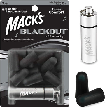 Mack's Blackout Soft Foam Earplugs, 7 Pair with Travel Case - 32 dB Highest NRR, Comfortable Ear Plugs for Concerts, Jam Sessions, Nightclubs, Loud Events and Shooting Sports