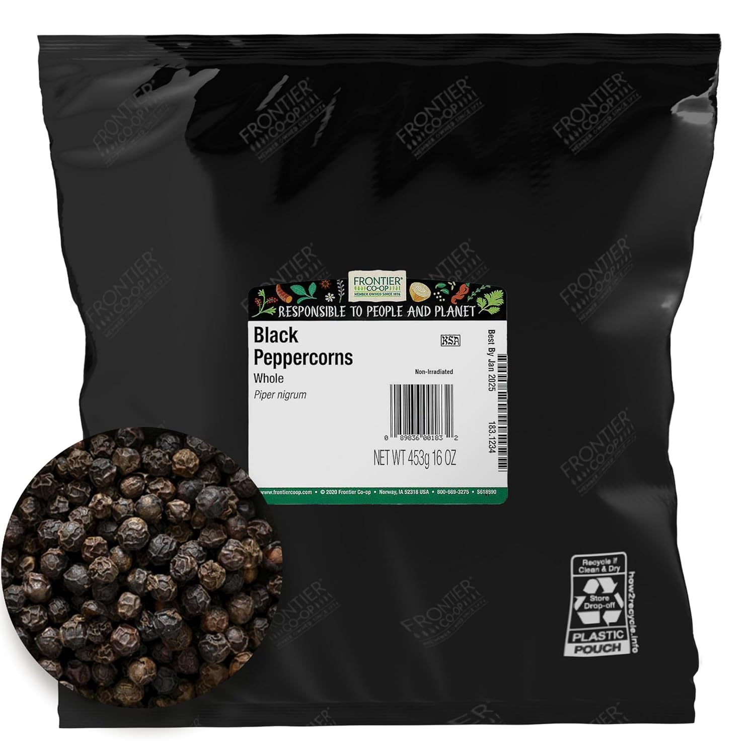 Frontier Co-Op Black Peppercorns, 1-Pound Bulk, Great In Peppermills, Add Satisfying Heat & Bite, Kosher, Non-Irradiated