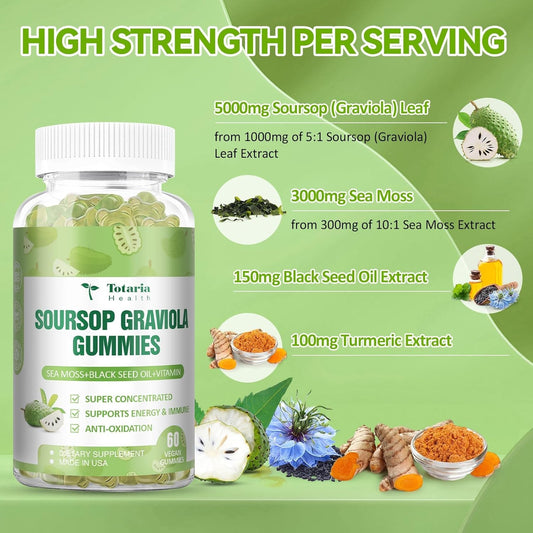 Sugar Free Soursop Oil Graviola Sea Moss Gummies - Support Digestive Sleep Skin Health, Immunity & Antioxidant - Guanabana Fruit With Sea Moss, 150Mg Black Seed Oil Organic Non-Gmo Vegan