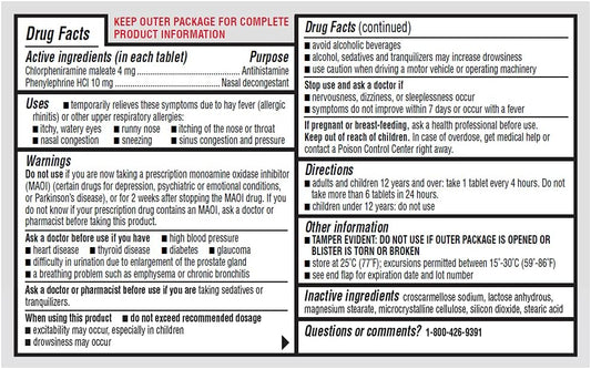 Rite Aid Sinus & Allergy Relief Pe Tablets, Maximum Strength- 24 Count | Antihistamine And Nasal Decongestant | 4 Hour Allergy Medication | Allergy And Congestion Relief