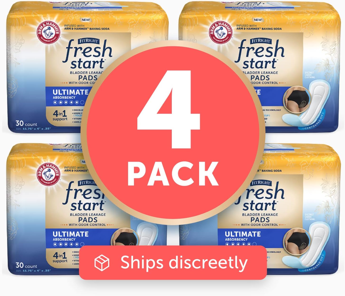 FitRight Fresh Start Postpartum and Incontinence Pads for Women, Ultimate Absorbency (120 Count) Bladder Leakage Pads with The Odor-Control Power of ARM & HAMMER (30 Count, Pack of 4) : Health & Household