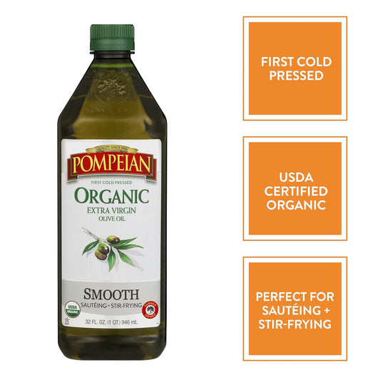 Pompeian Usda Organic Smooth Extra Virgin Olive Oil, First Cold Pressed, Smooth, Delicate Flavor, Perfect For Sautéing & Stir-Frying, 32 Fl. Oz