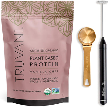 Truvani Vegan Vanilla Chai Protein Powder With Frother & Scoop Bundle - 20G Of Organic Plant Based Protein Powder - Includes Portable Mini Electric Whisk & Durable Protein Powder Scoop