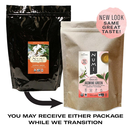 Numi Organic Jasmine Green Tea, 16 Ounce Pouch, Loose Leaf Floral Green Tea, Brews 200 Cups, Caffeinated (Packaging May Vary)