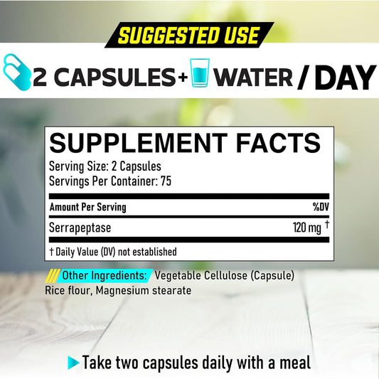 Serrapeptase Supplement 240,000 Spu - 150 Capsules For Smooth Breathing, Heart Health & Immune System Support - 75-Serving Supply