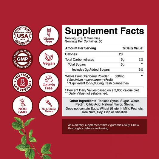 Natural Cranberry Gummies For Women And Men - Extra Strength Delicious Antioxidant Cranberry Chews For Urinary Tract Health Kidney Support Bladder & Immune Health - Vegan Gluten & Gelatin Free