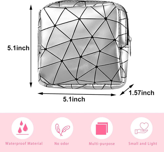 Sanitary Napkin Storage Bag,Menstrual Cup Pouch,Girls Travel Geometric Stitching Small Makeup Sanitary Pads Organizer,Small,Portable,Large Capacity (Silver)