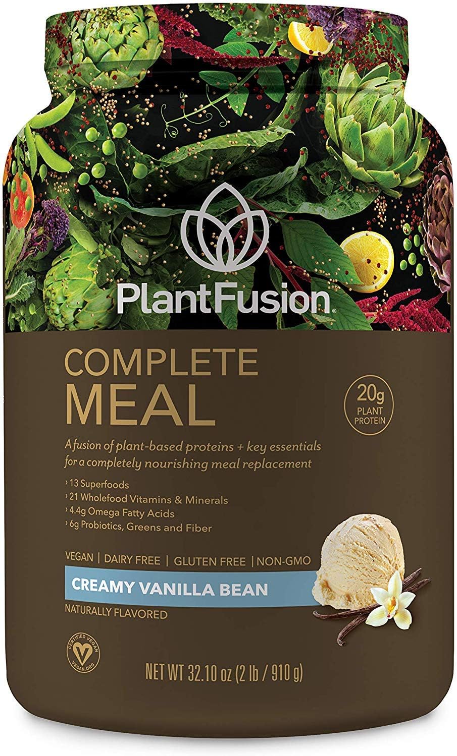 PlantFusion Complete Meal Replacement Shake - Plant Based Protein Powder with Superfoods, Greens & Probiotics - Vegan, Gluten Free, Soy Free, Non-Dairy, No Sugar, Non-GMO - Vanilla 2 lb